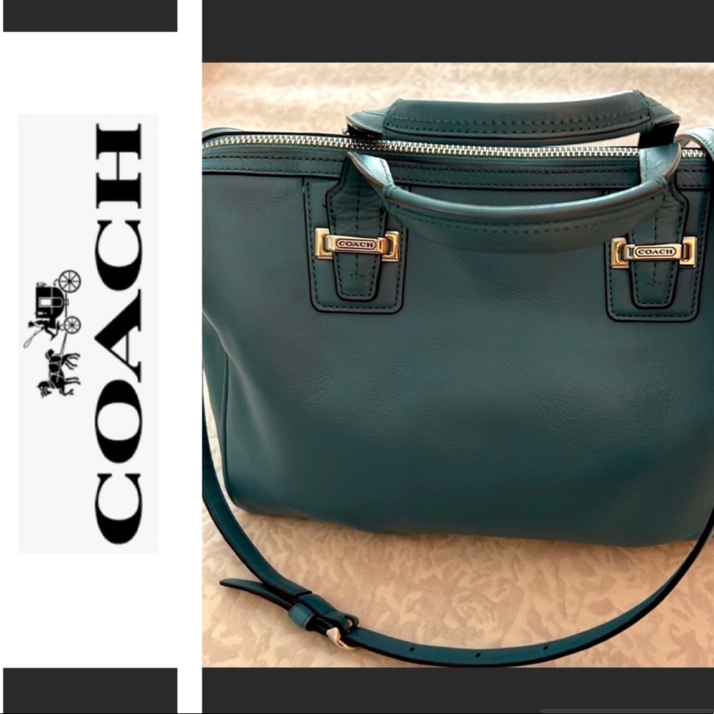 Coach Teal Leather Satchel with Silver Hardware and detachable Strap